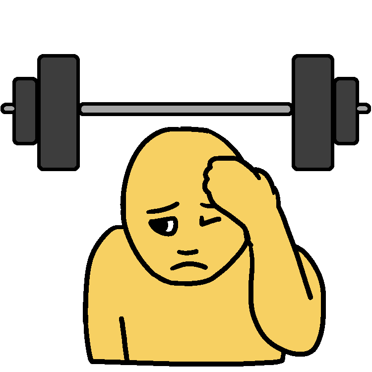 A drawing of a person cringing with one hand on their head and a bar with weights on it above them.